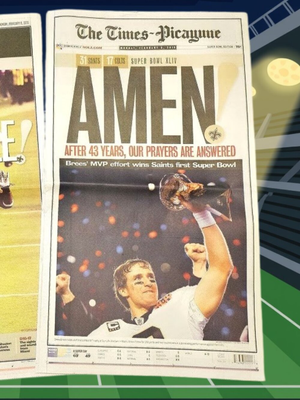 New Orleans Saints Super Bowl 2010 TIMES PICAYUNE Newspaper AMEN Drew Brees